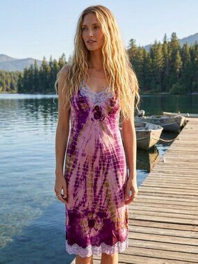 Vintage Hand Tie-Dye Slip Dress with Lace Trim & Button Detail Size S/M